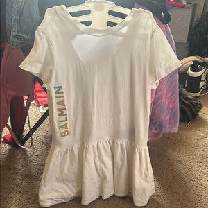 Balmain White Peplum Tee with Multicolor Logo